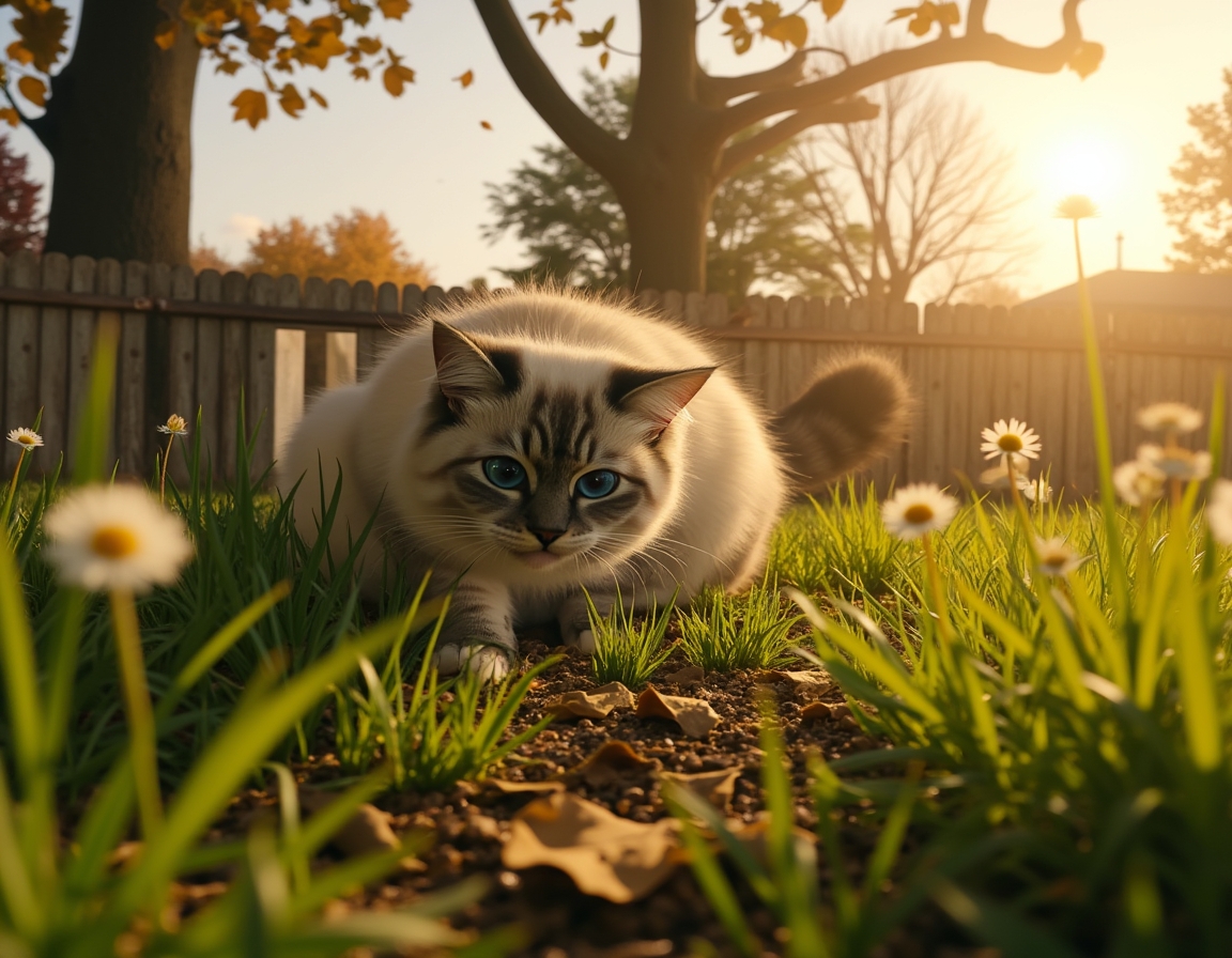 Cat crouches in tall grass, its sharp gaze fixed on a small insect nearby. The warm golden light of sunset and a wooden garden fence frame the scene.